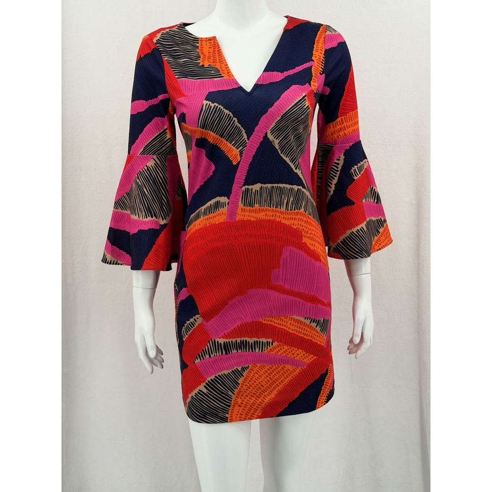 Trina Turk Dress Women XS Pali Colorful Abstract Bell Sleeve Mini Artsy Resort